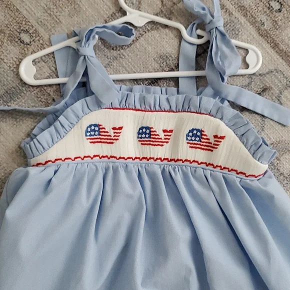 Stitchy Fish Girls Smocked Patriotic American Flag Whales Embroidered Dress Sz3T - Picture 4 of 11